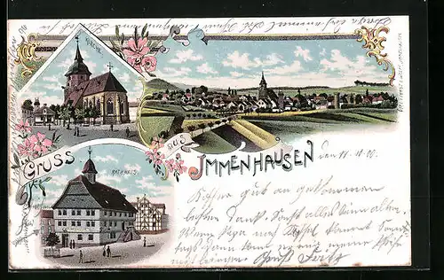 Lithographie Immenhausen, Rathaus, Kirche, Ortsansicht
