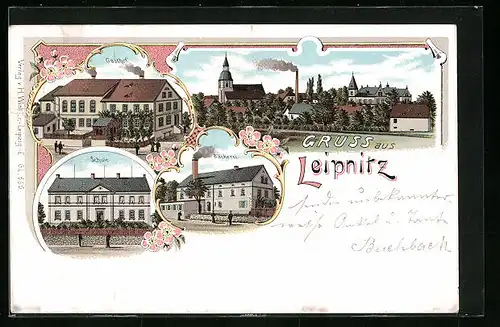 Lithographie Leipnitz, Gasthof, Schule, Bäckerei