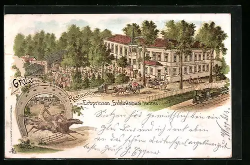 Lithographie Sundhausen /Gotha, Restaurant zum Erbprinzen, Reitsport