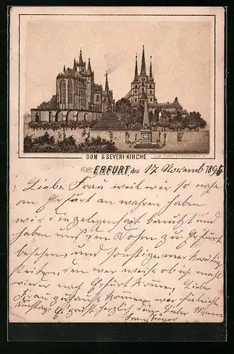 Vorläufer-Lithographie Erfurt, 1895, Dom und Severi-Kirche
