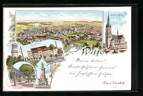 Lithographie Witten, Gedächtniskirche, Helenenturm, Voss-Garten, Kriegerdenkmal, Gesamtansicht