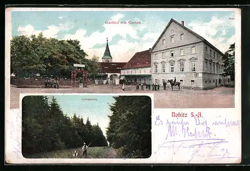 AK Nobitz /S.-A., Gasthof mit Garten, Leinapartie im Wald