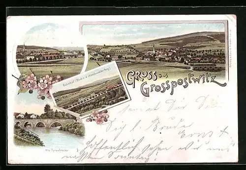 Lithographie Grosspostwitz, Bahnhof, Alte Spreebrücke, Gesamtansicht