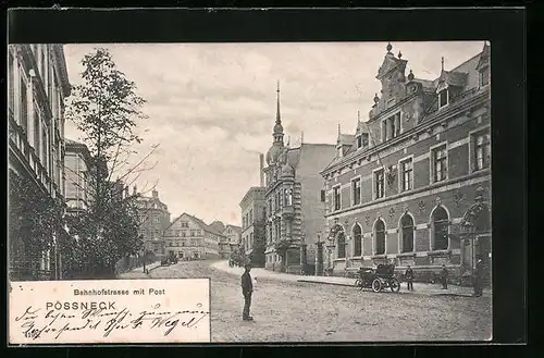 AK Pössneck, Bahnhofstrasse mit Post