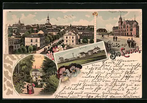 Lithographie Bad Lausigk, Postamt und Rathaus, Kurpark, Bahnhof, Totalansicht