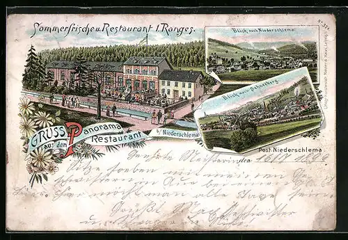 Lithographie Niederschlema, Restaurant Panorama, Blick nach Schneeberg, Blick nach dem Ort