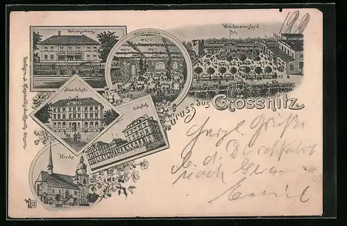 Lithographie Grössnitz, Restaurant Waidmannsheil, Wintergarten, Schützenhaus