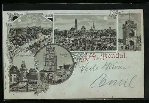 Mondschein-Lithographie Stendal, Bahnhof, Uenglinger Tor, Nachtigalldenkmal