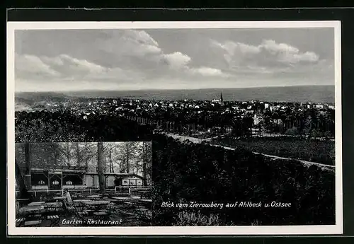AK Ahlbeck, Garten-Restaurant, Blick vom Zierowberg auf den Ort und Ostsee