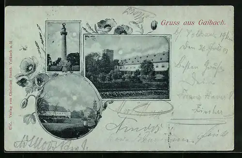 Mondschein-AK Gaibach, Strassenpartie mit Gebäudeansicht, Denkmal, Ortspartie