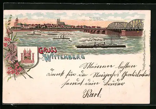 Lithographie Wittenberg, Teilansicht mit Dampfern von der Elbseite, Wappen