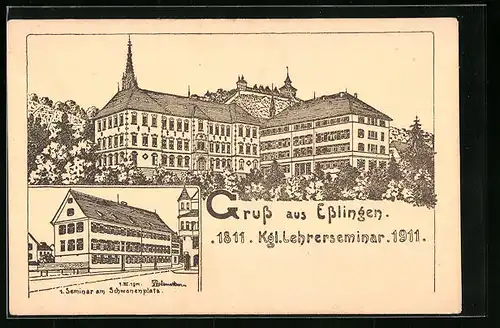 Künstler-AK Esslingen, Königliches Lehrerseminar 1811-1911, 1. Seminar am Schwanenplatz