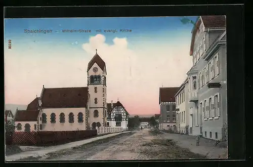 AK Spaichingen, Wilhelm-Strasse mit evangelischer Kirche