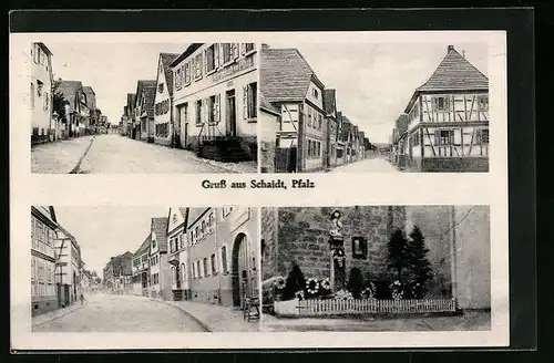 AK Schaidt /Pfalz, Gasthaus zum Pflug, Strassenpartie mit Fachwerkhäusern, Denkmal