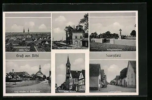 AK Böhl /Saarpfalz, Bahnhof Böhl-Iggelheim, Evangelische Kirche mit Schulhaus, Evangelische Kirche mit Schulhaus