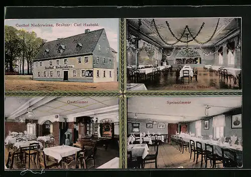 AK Niederwiesa, Gasthof Niederwiesa, Innenansichten Gastzimmer und Speisezimmer