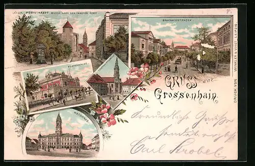 Lithographie Grossenhain, Stadthauptkirche, Postgebäude, Rathaus