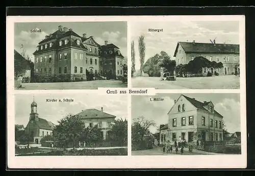 AK Benndorf / Frohburg, Geschäfte von I. Müller, Rittergut, Kirche und Schule