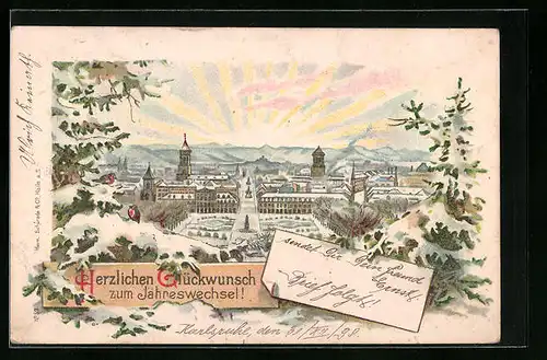 Winter-Lithographie Karlsruhe, Neujahrsgrüsse mit Panorama dem verschneiten Schloss