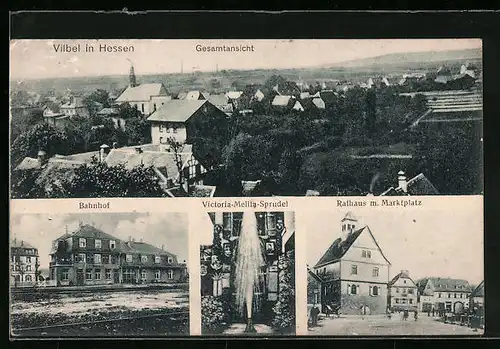 AK Vilbel in Hessen, Bahnhof, Victoria-Melita-Sprudel, Rathaus m. Marktplatz, Gesamtansicht