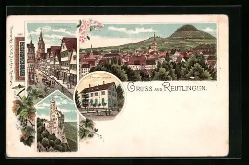 Lithographie Reutlingen, Ortsansicht aus der Vogelschau, Obere Wilhelm-Strasse, Lichtenstein mit Bonauer-Thal