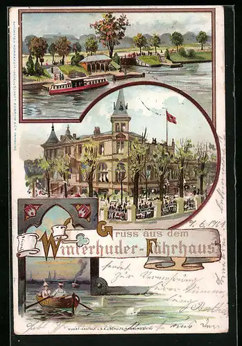 Lithographie Hamburg-Winterhude, Fährhaus und Ansichten am Wasser