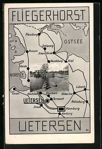 AK Uetersen, Fliegerhorst - Ansicht mit Schwänen am Wasser, Landkarte mit umliegenden Orten
