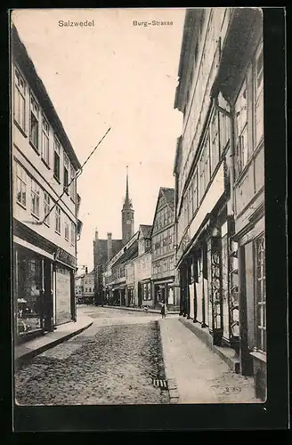 AK Salzwedel, Burg-Strasse mit Ladenfronten