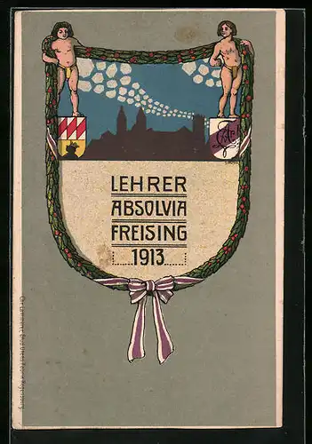 Künstler-AK Freising, Lehrer Absolvia 1913, Wappen mit Stadtsilhouette