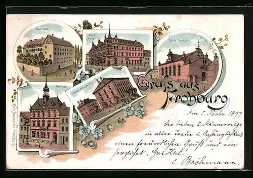 Lithographie Frohburg, Hotel zur Post, Schloss, Rathaus, Städt. Turnhalle