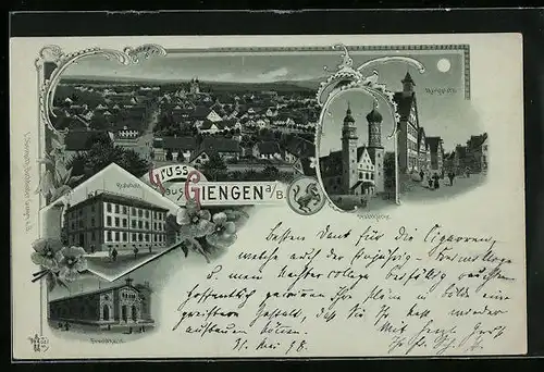 Mondschein-Lithographie Giengen a. B., Realschule, Fruchthalle, Marktplatz, Stadtkirche, Totalansicht