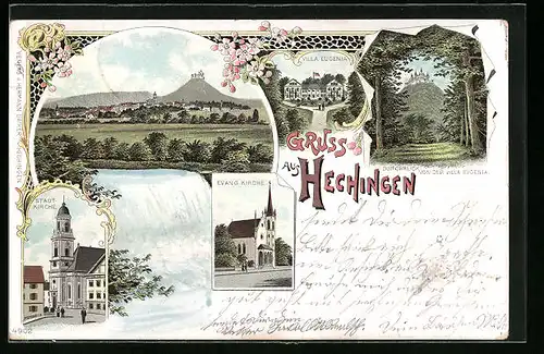 Lithographie Hechingen, Totalansicht mit Villa Eugenia und Evang. Kirche