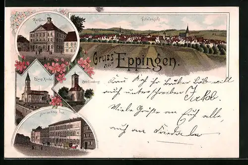 Lithographie Eppingen, Hotel zur Krone und Post, Rathaus, Ottilienberg, Totalansicht