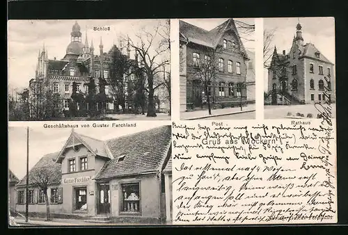 AK Möckern, Geschäftshaus von Gustav Ferchland, Rathaus, Post, Schloss