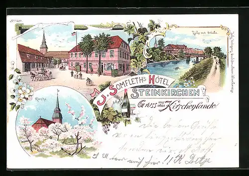 Lithographie Steinkirchen, Ortspartie mit Hotel, Lühe mit Brücke, Kirche