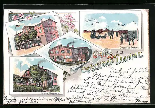 Lithographie Dahme / Ostsee, Strandhotel, Pension Hoppmer, Pension Schidlofski, Strandpartie