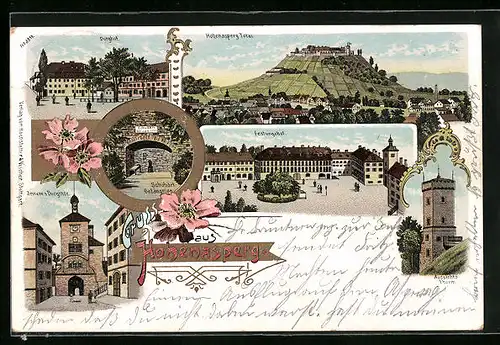 Lithographie Hohenasperg, Totalansicht mit Burg, Festungshof, Burgtor
