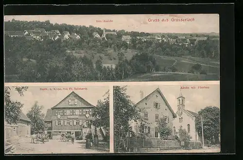 AK Grosserlach, Gasthaus zur Krone, Kirche mit Pfarrhaus, Totalansicht