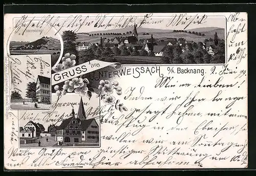 Lithographie Unterweissach / Backnang, Totalansicht mit Marktplatz und Ebersberg