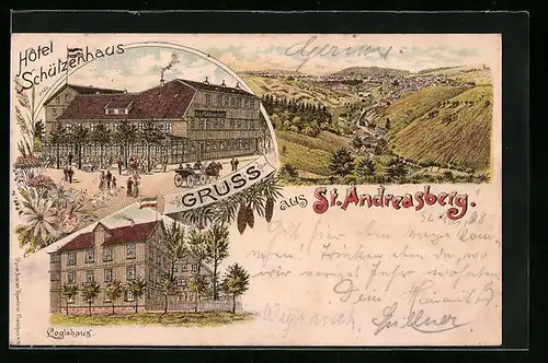 Lithographie St. Andreasberg, Hotel Schützenhaus, Logishaus, Gesamtansicht