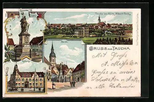 Lithographie Taucha, Totalansicht vom König Albert-Park gesehen, Marktplatz, Rathaus, Siegesdenkmal