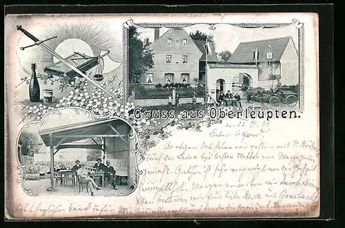 AK Oberleupten, Gasthaus mit Pferdekutsche am Eingang, Gäste im Garten
