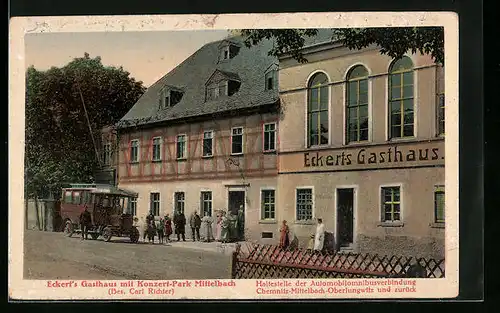 AK Mittelbach, Gasthaus Eckert, Autobus am Eingang