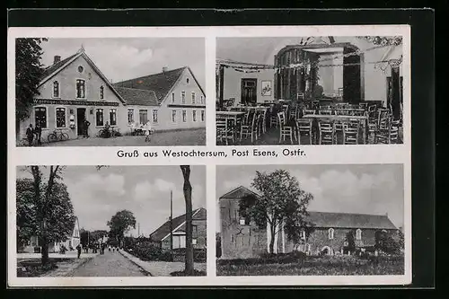AK Westochtersum / Ostfr., Gasthaus und Warengeschäft von Wilhelm Witt, Ortspartie, Kirche