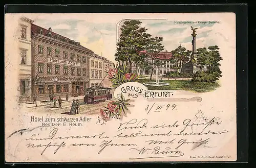 Lithographie Erfurt, Hotel zum schwarzen Adler, Hirschgarten mit Kriegerdenkmal