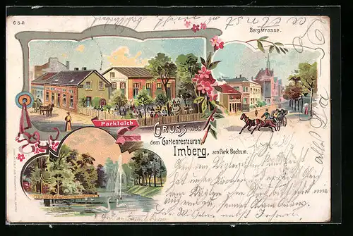 Lithographie Imberg / Bochum, Garten-Restaurant, Bergstrasse mit Pferdekutsche, Parkteich