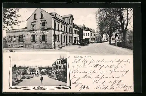 AK Sayn, Gasthaus Friedr. Wilh. Fillinger, Ortspartie mit Kind auf der Strasse