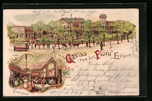 Lithographie Erfurt, Gasthaus Flora, Innen- und Aussenansicht