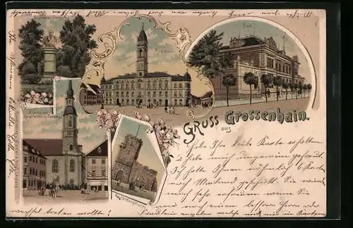 Lithographie Grossenhain, Post, Bismarck-Denkmal, Kirche, Kupferbergturm