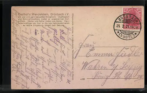 AK Grünbach i. V., Gasthaus Zum Wendelstein